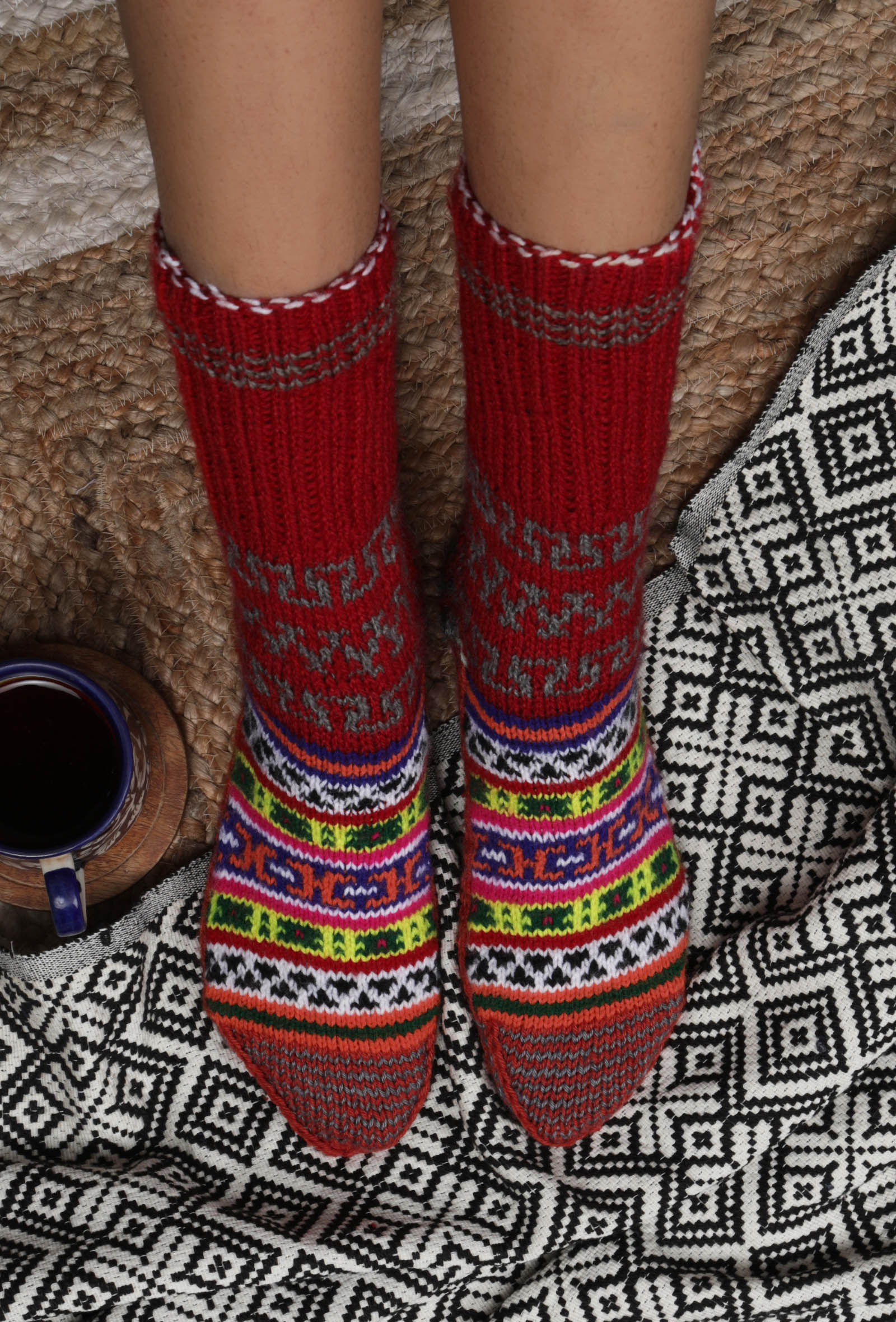 Red & Multi Hand Knitted Woolen Winter Socks – SAAGAH