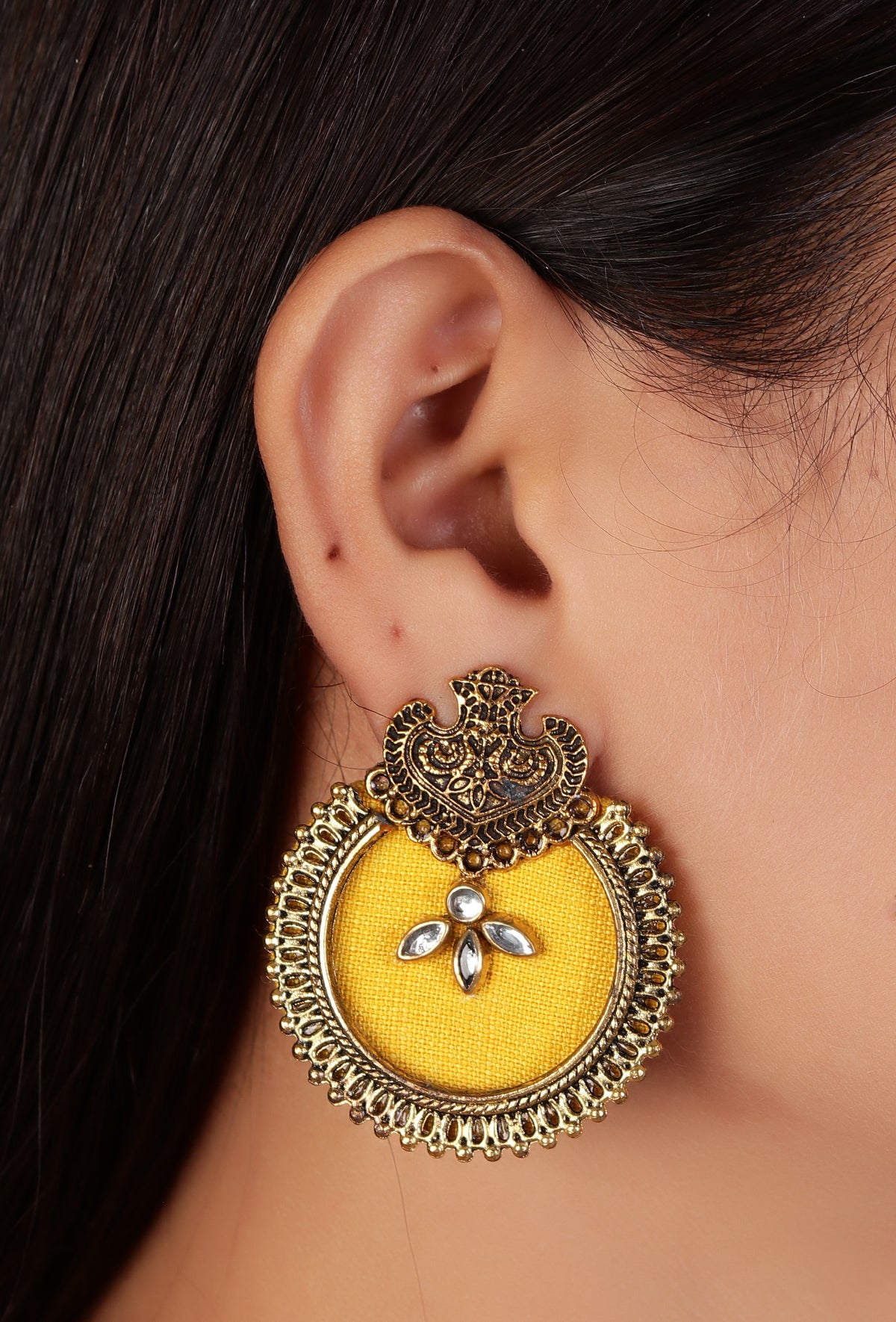 Handcrafted Designer Fabric Circular Earrings with Stone Work