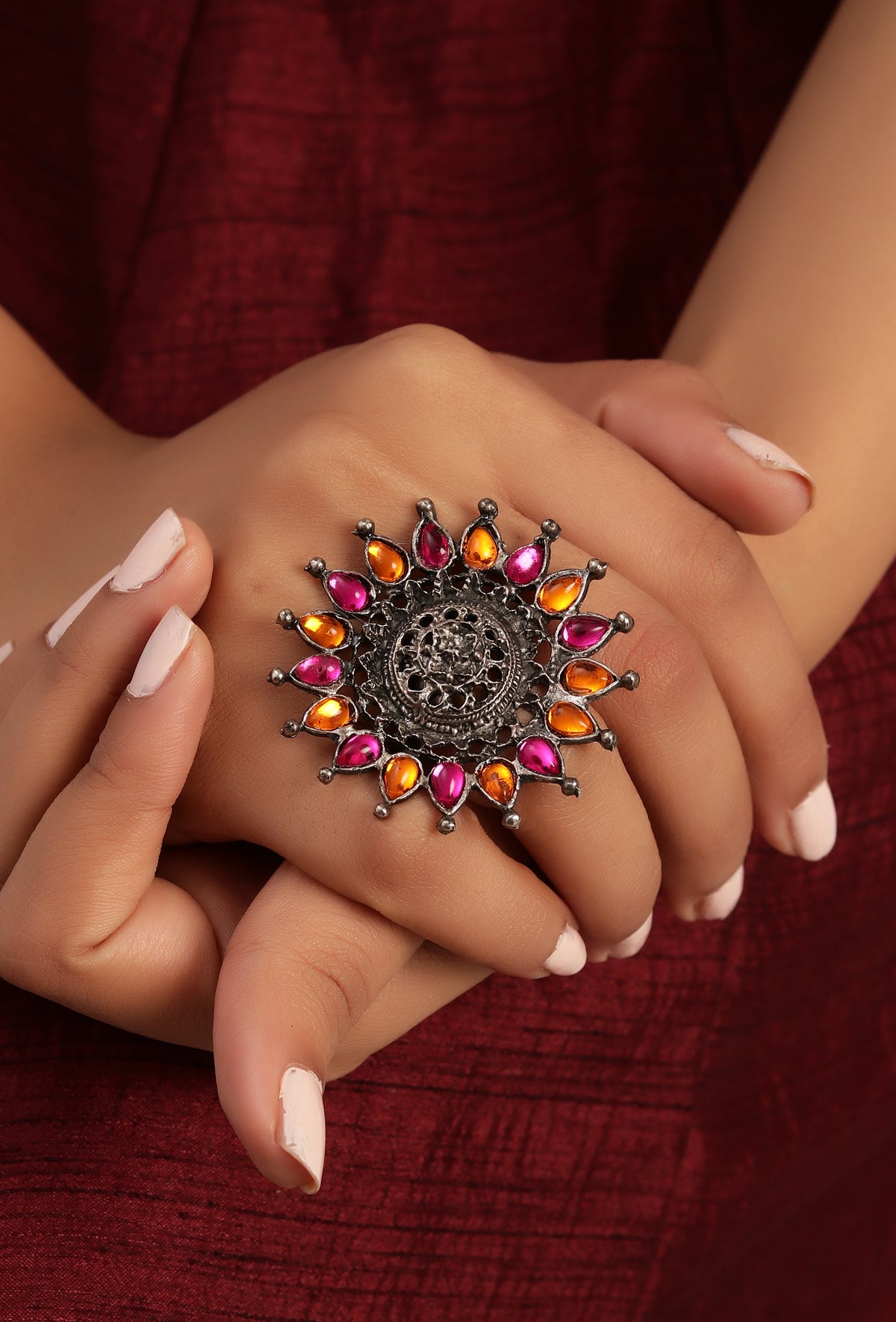 Trendy Stylish Designer Flower Shaped Pink/Orange Stone Work Traditional Adjustable Ring