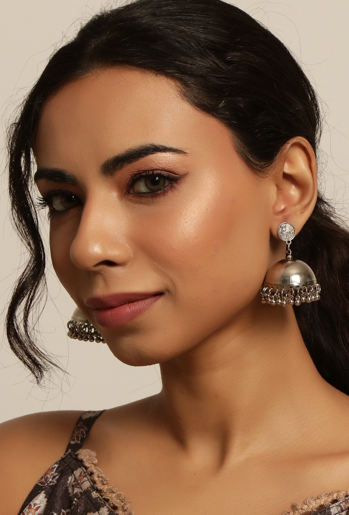 Tribal Afghani Oxidized Silver Plated Round Shaped Stud With Jhumka Earring