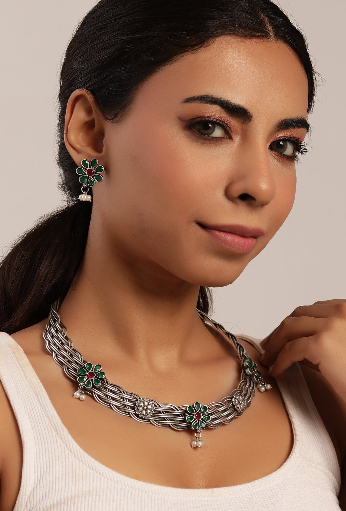 Elegant Green Stone Embellished Hasli And Earring Set