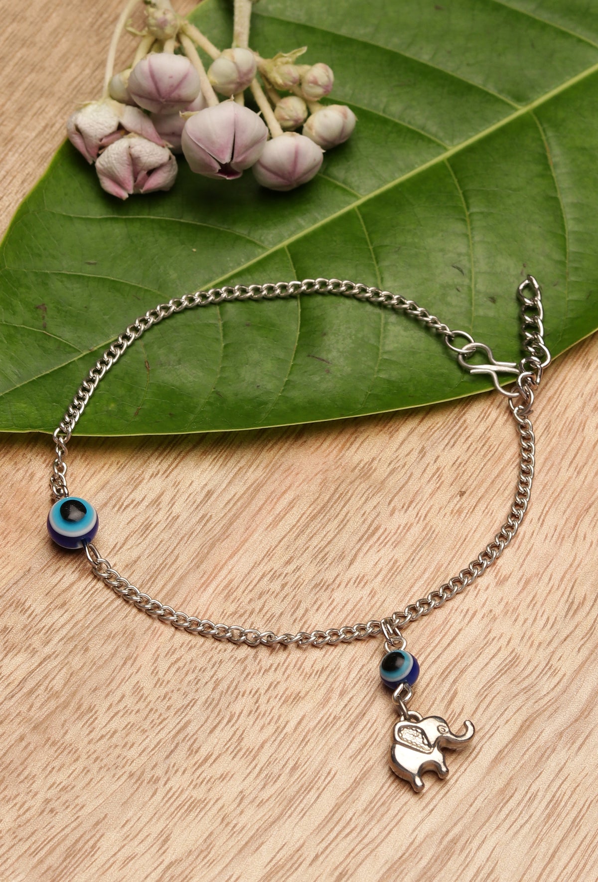 Evil Eye Anklet with Silver Elephant Charm