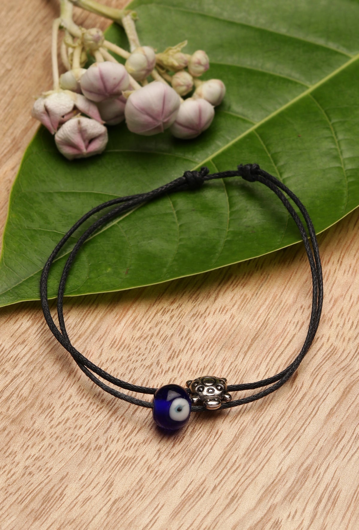 Adjustable Black Thread Anklet with German Silver Evil Eye & Silver-Plated Tortoise Charm