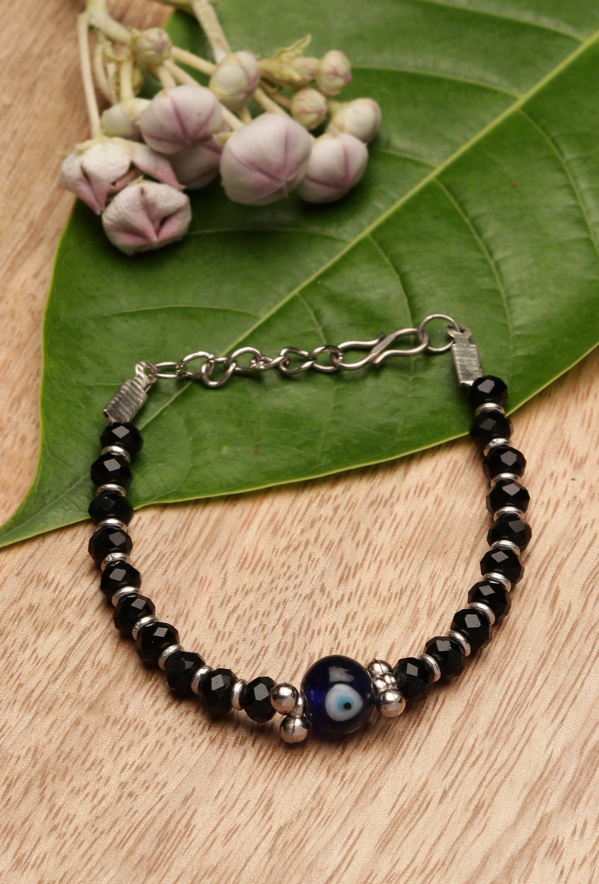 Adjustable Evil Eye Bracelet in German Silver with Black Beads