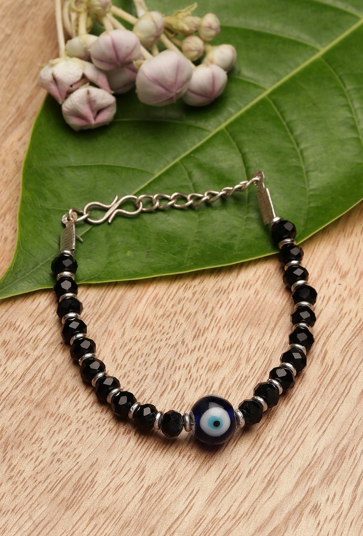 German Silver Evil Eye Bracelet with Black Beads & Adjustable Cord