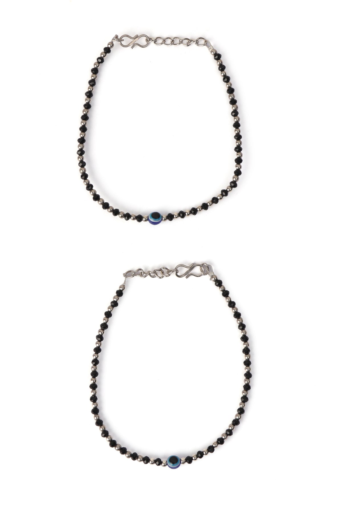 Pair of Nazariya Evil Eye Anklets with Black and Silver Beads