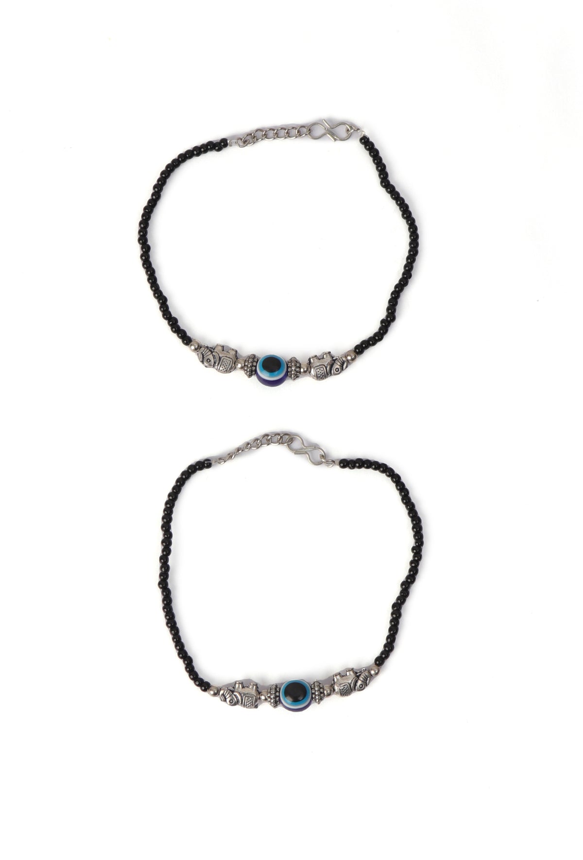 Pair of German Silver Anklets with Elephant Charm, Evil Eye, and Black Beads