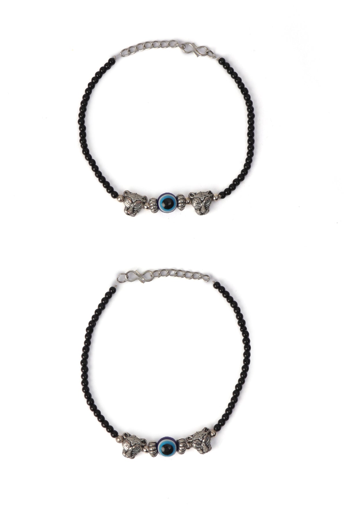 Pair of German Silver Anklets with Lion Charm, Evil Eye, and Black Beads