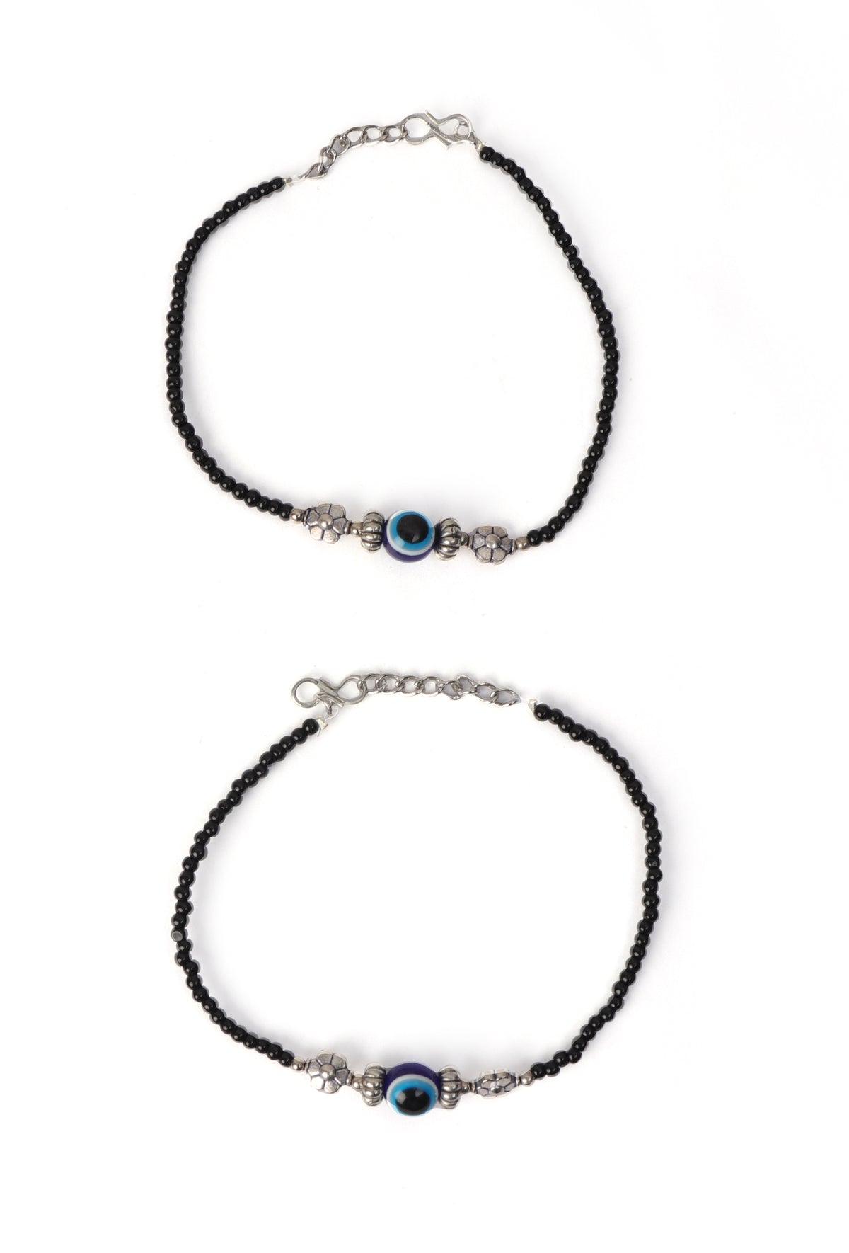 Pair of German Silver Flower Anklets with Evil Eye & Black Beads