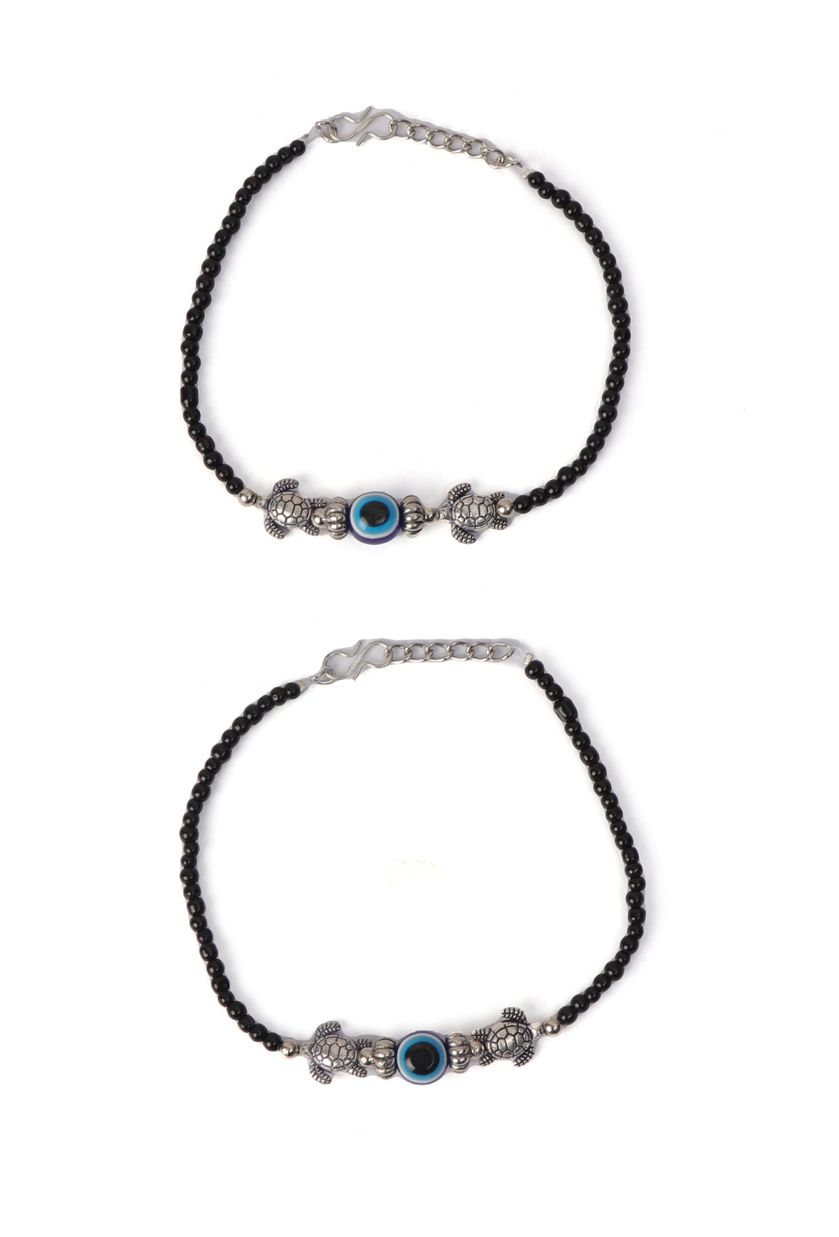 Pair of German Silver Anklets with Tortoise Charm, Evil Eye, and Black Beads