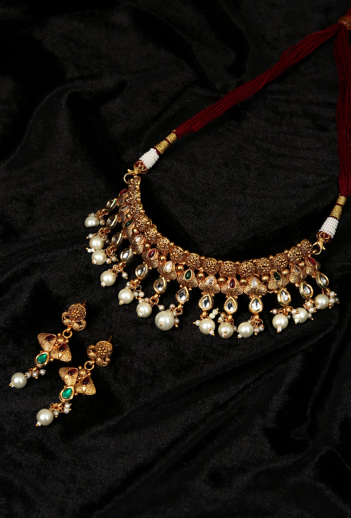 Svarnika Temple Heritage Kemp Necklace Set with Pearls