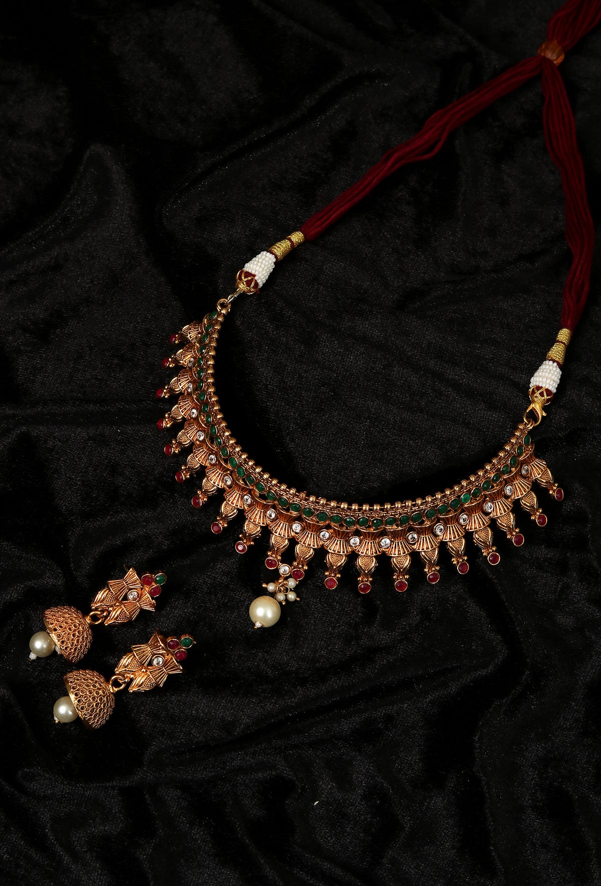 Tanirika Temple Heritage Kemp Necklace Set with Pearls