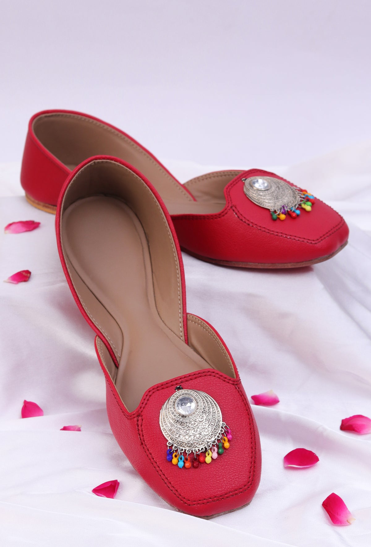 Cherry Red Jutti with Multicolor German Silver Accents