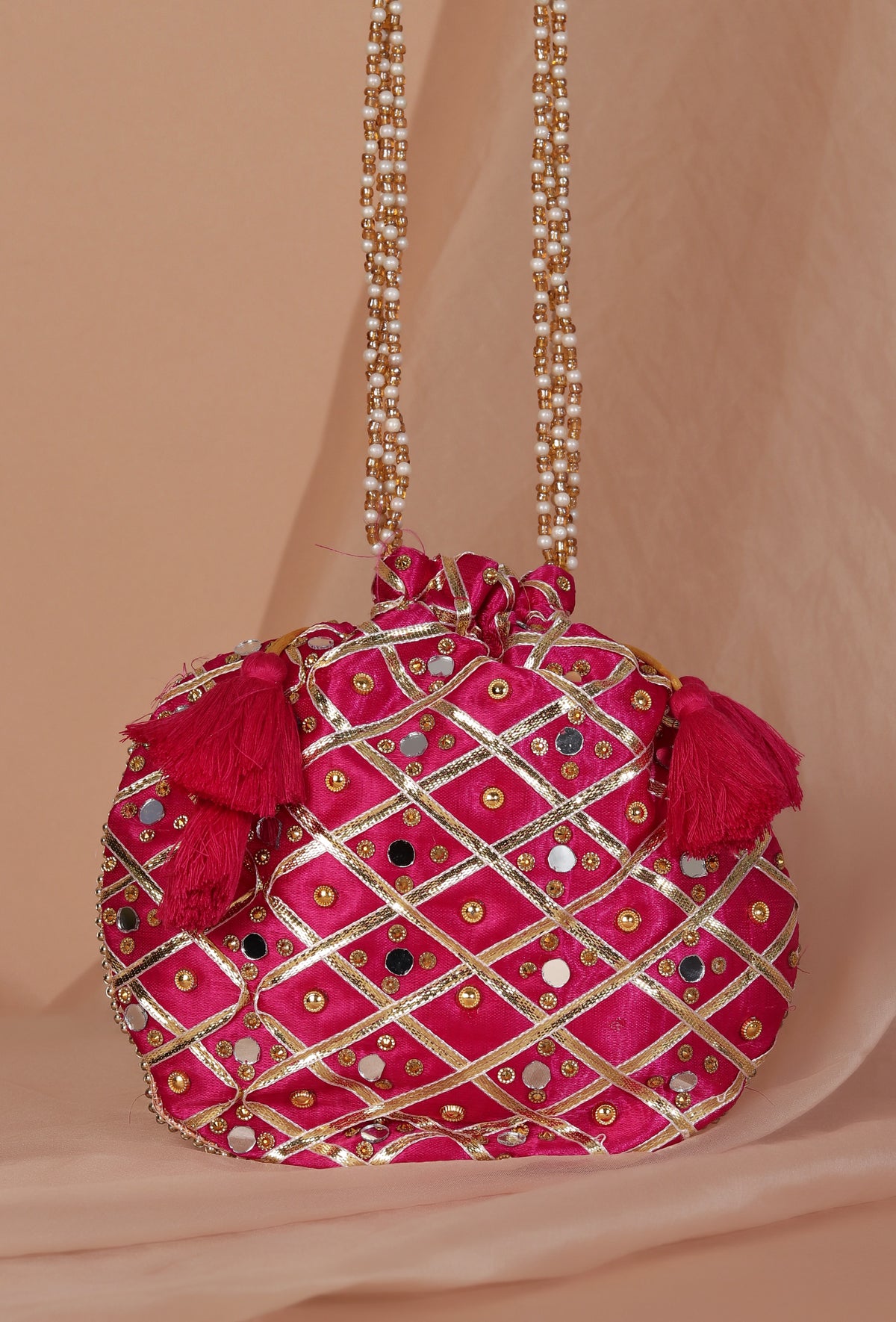 Vibrant Pink Charm Potli With Glasstone