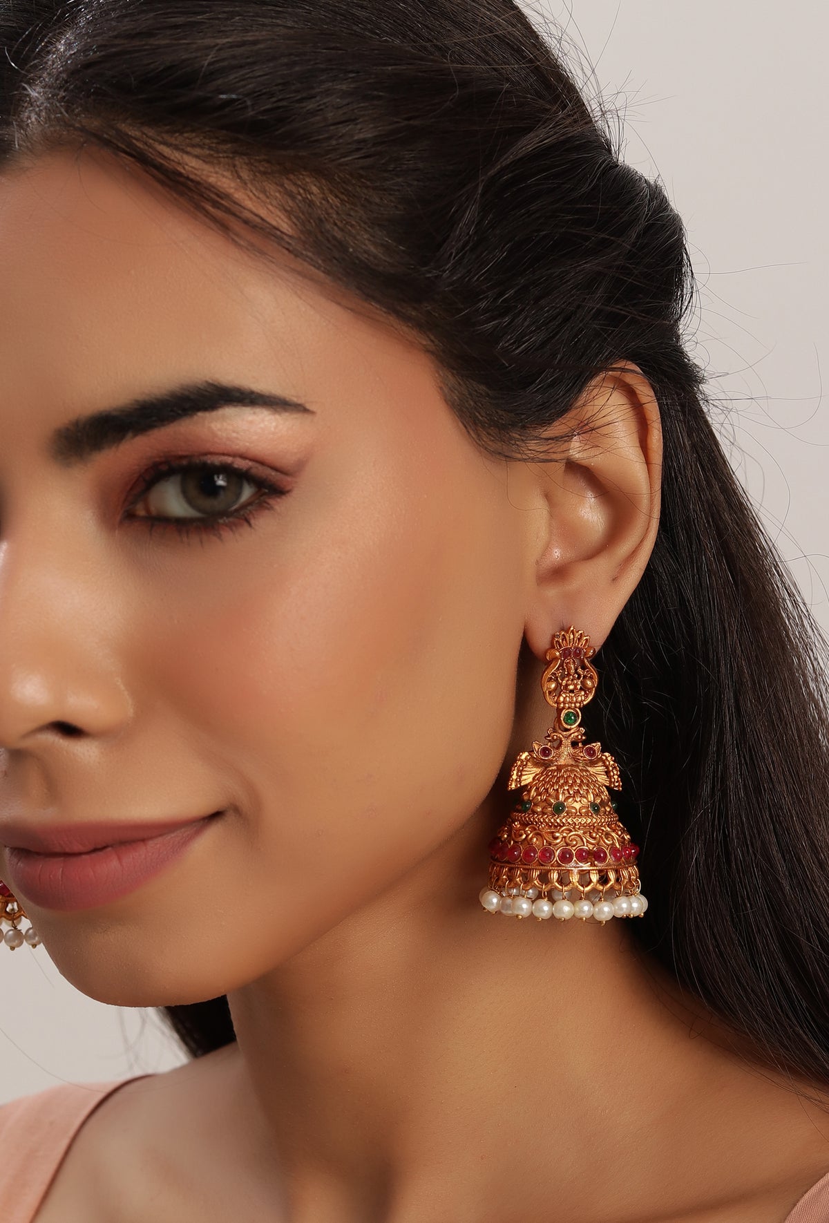 Matte Kemp Stone Jhumkas With Beadwork