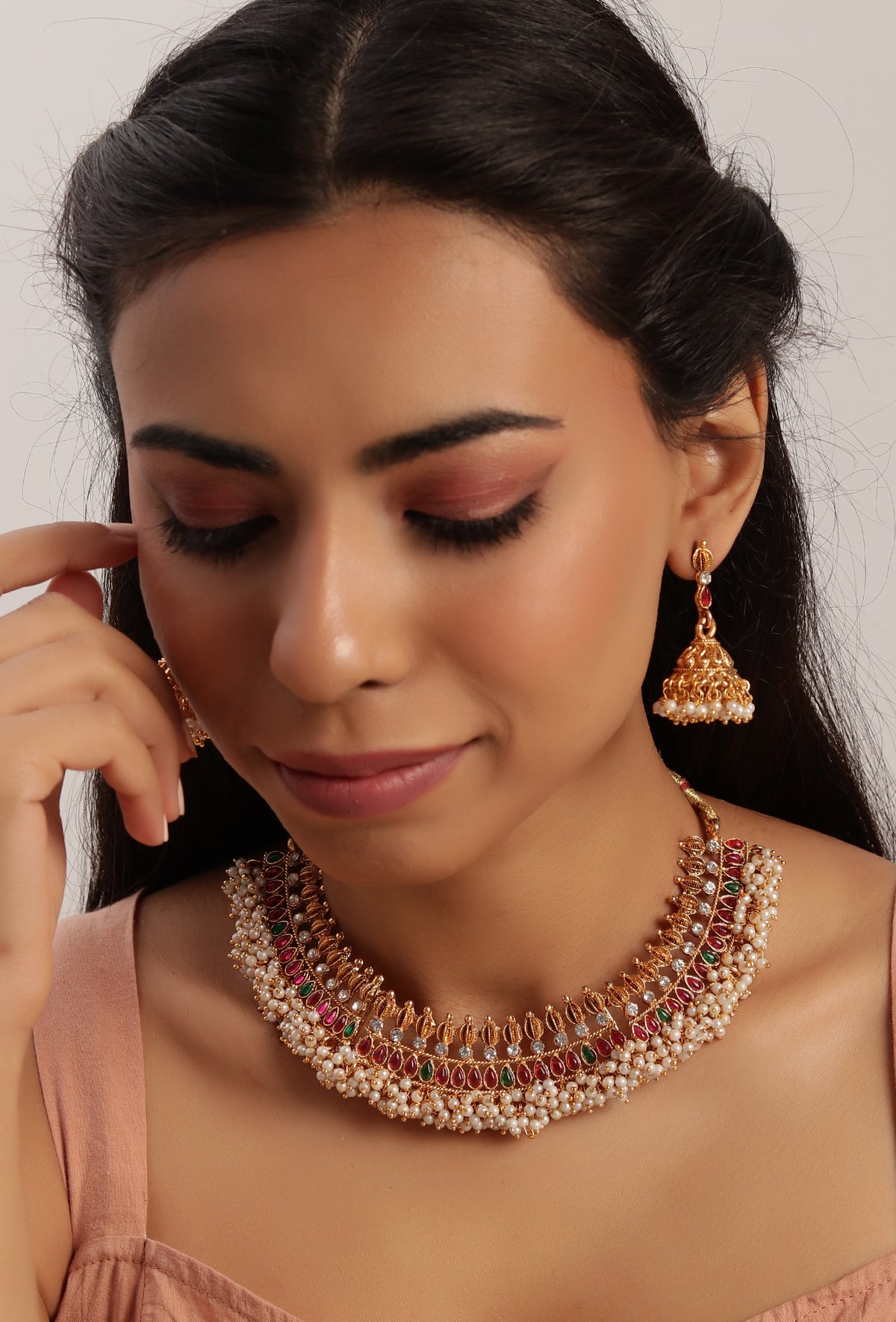 Traditional Alloy Guttapusalu Jewellery Set With Pair Of Jhumkas