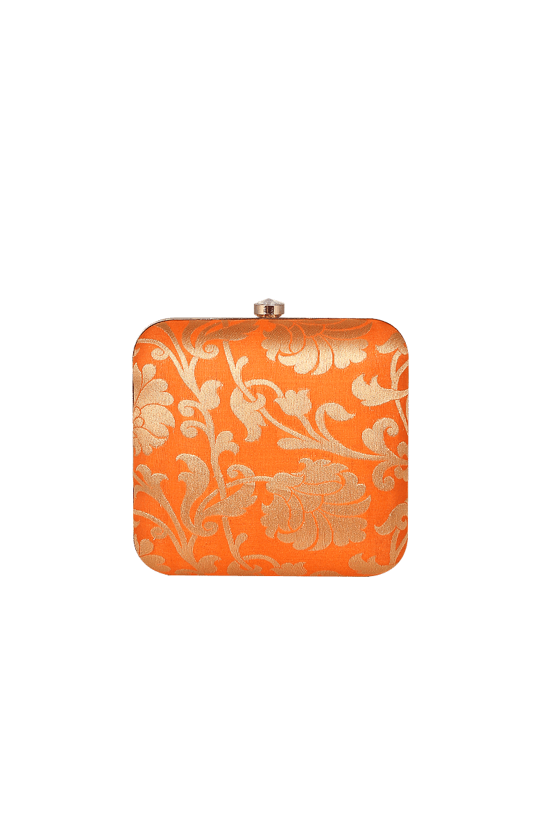 Orange Brocade Box Clutch (6.5 X 2 X 6)