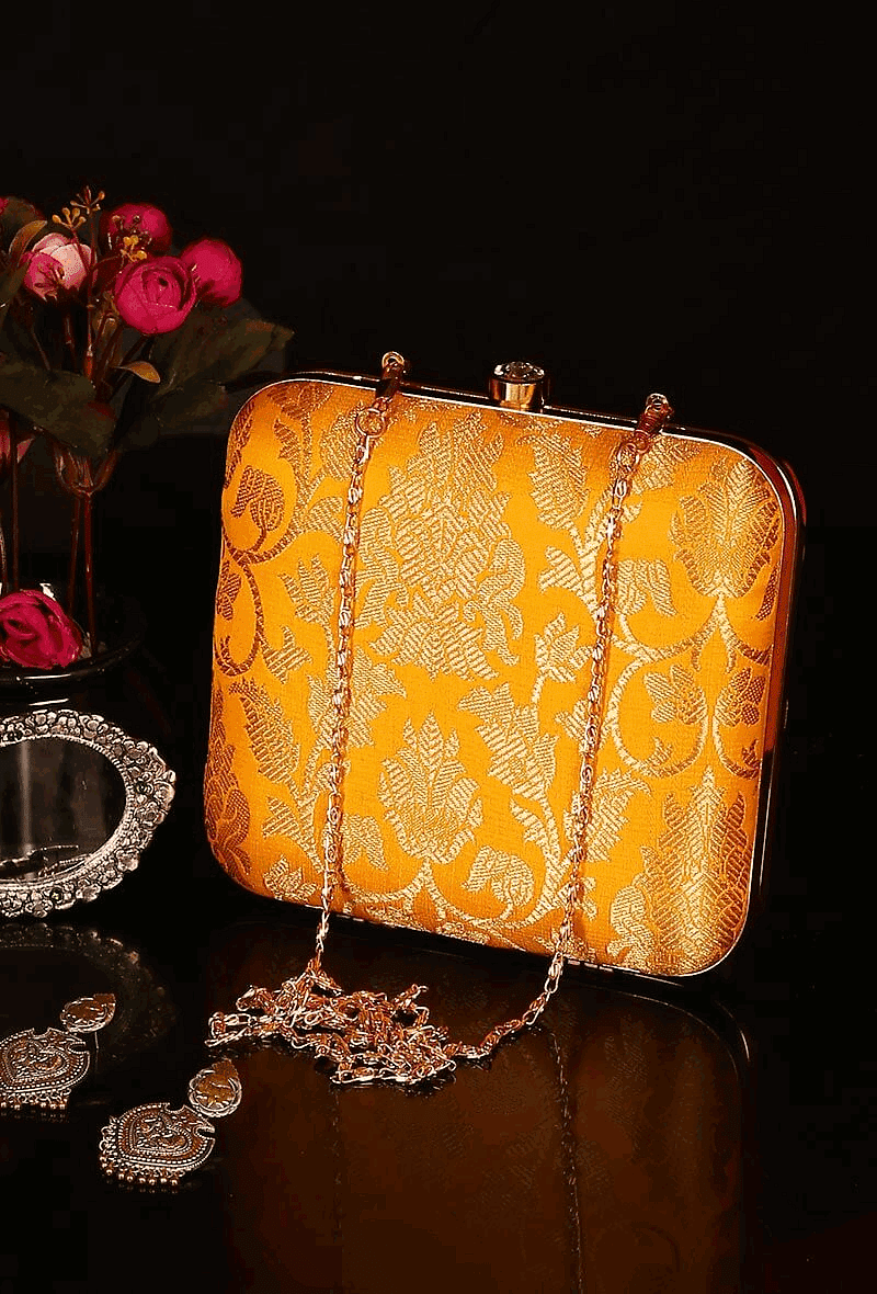 Yellow Brocade Box Clutch with Sling (6.5 X 2 X 6)