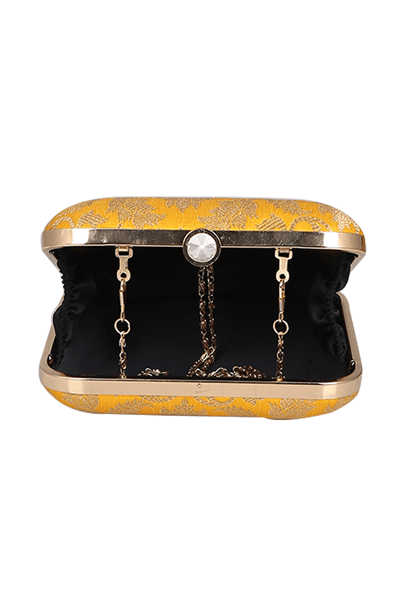 Yellow Brocade Box Clutch with Sling (6.5 X 2 X 6)