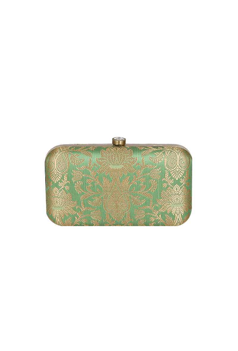 Green Brocade Box Clutch with Sling (8 X 2 X 4.5)