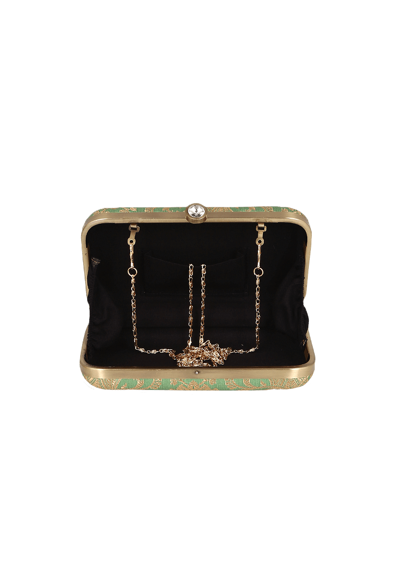 Green Brocade Box Clutch with Sling (8 X 2 X 4.5)