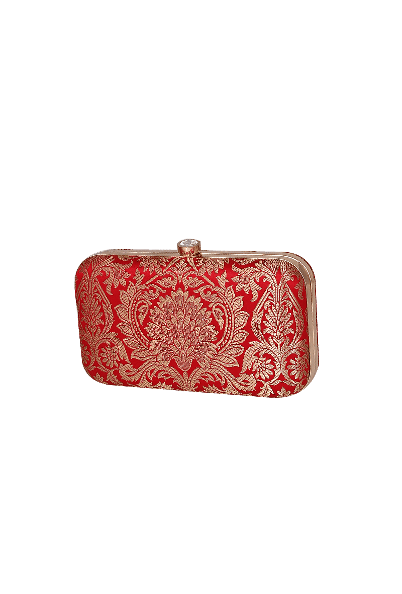 Scarlet Red Brocade Box Clutchwith Sling (8 X 2 X 4.5)