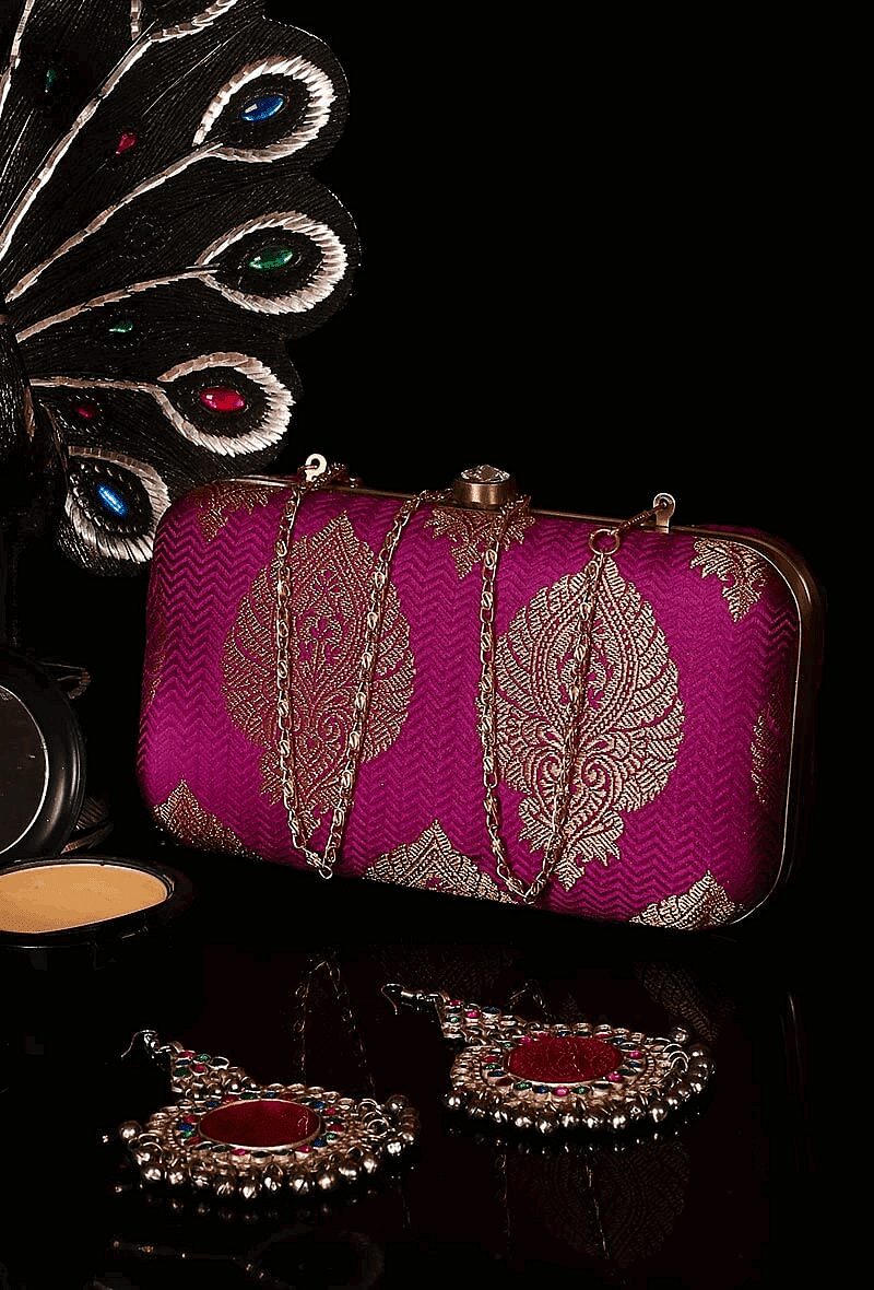 Berry Pink Brocade Box Clutchwith Sling (8 X 2 X 4.5)