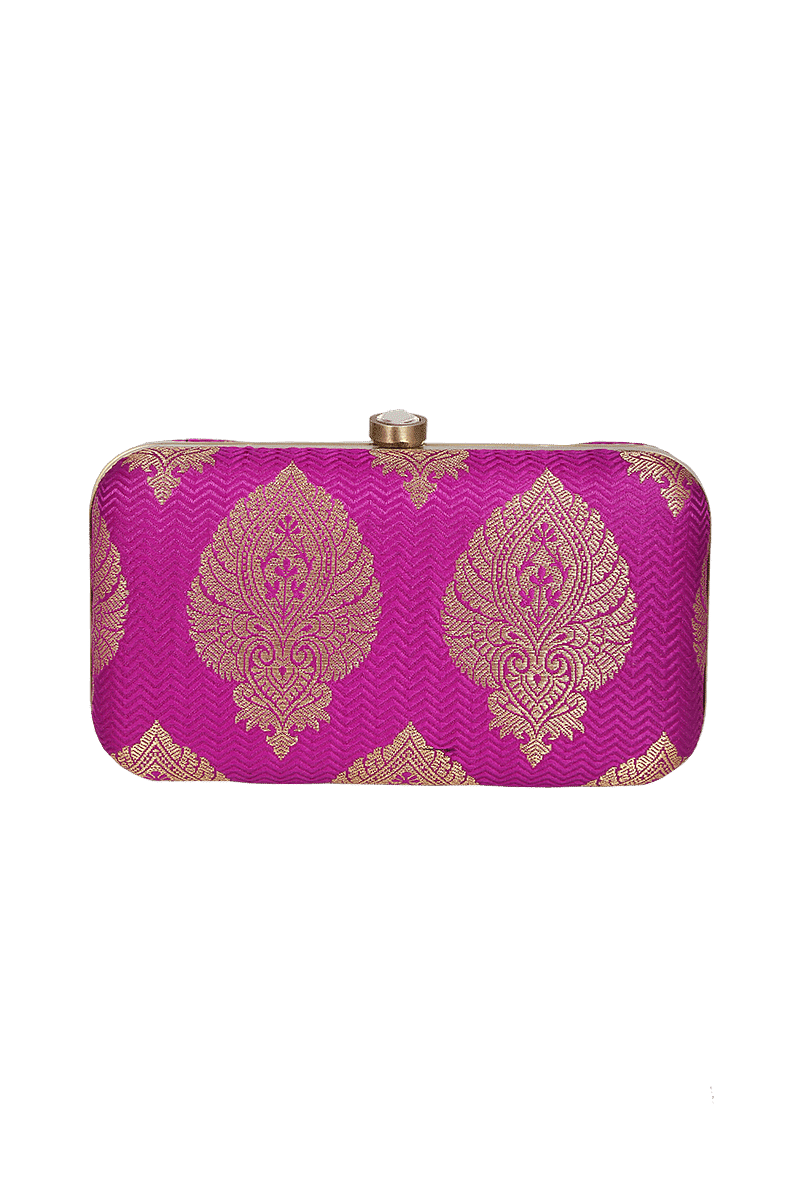 Berry Pink Brocade Box Clutchwith Sling (8 X 2 X 4.5)