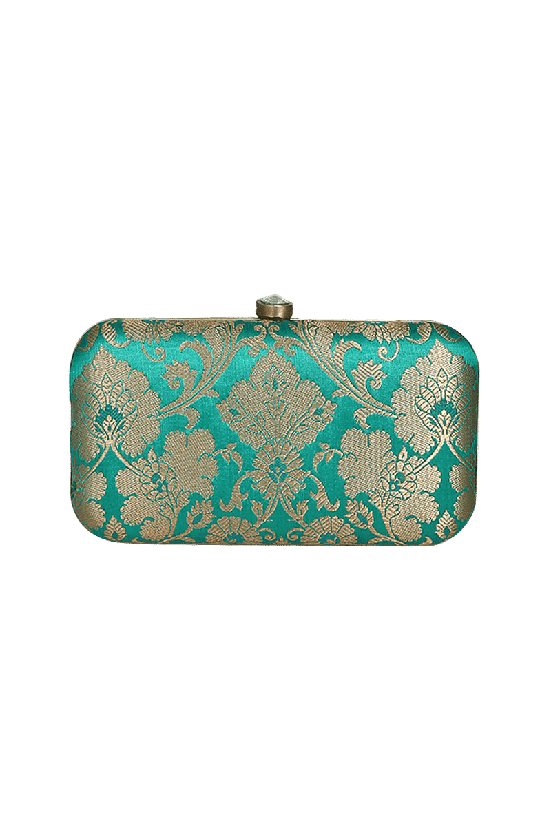 Spinach Green Brocade Box Clutch with Sling (8 X 2 X 4.5)