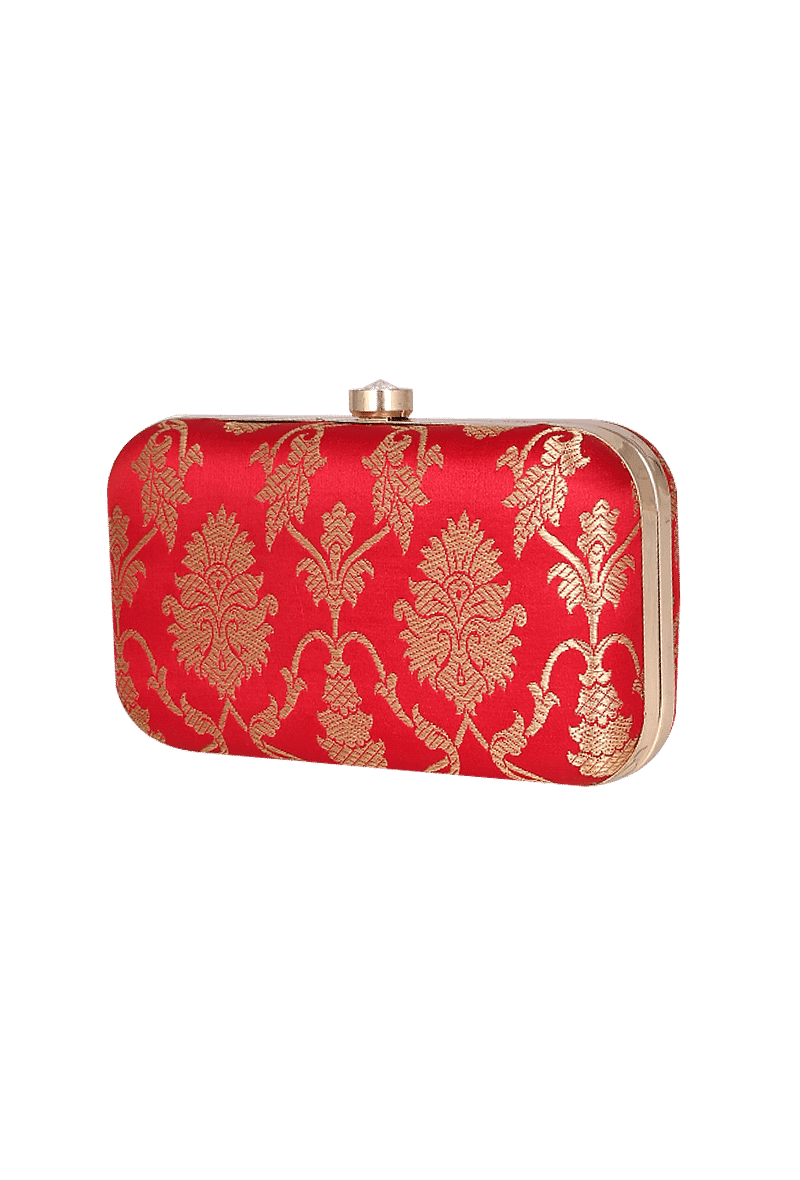 Tomato Red Brocade Box Clutchwith Sling (8 X 2 X 4.5)