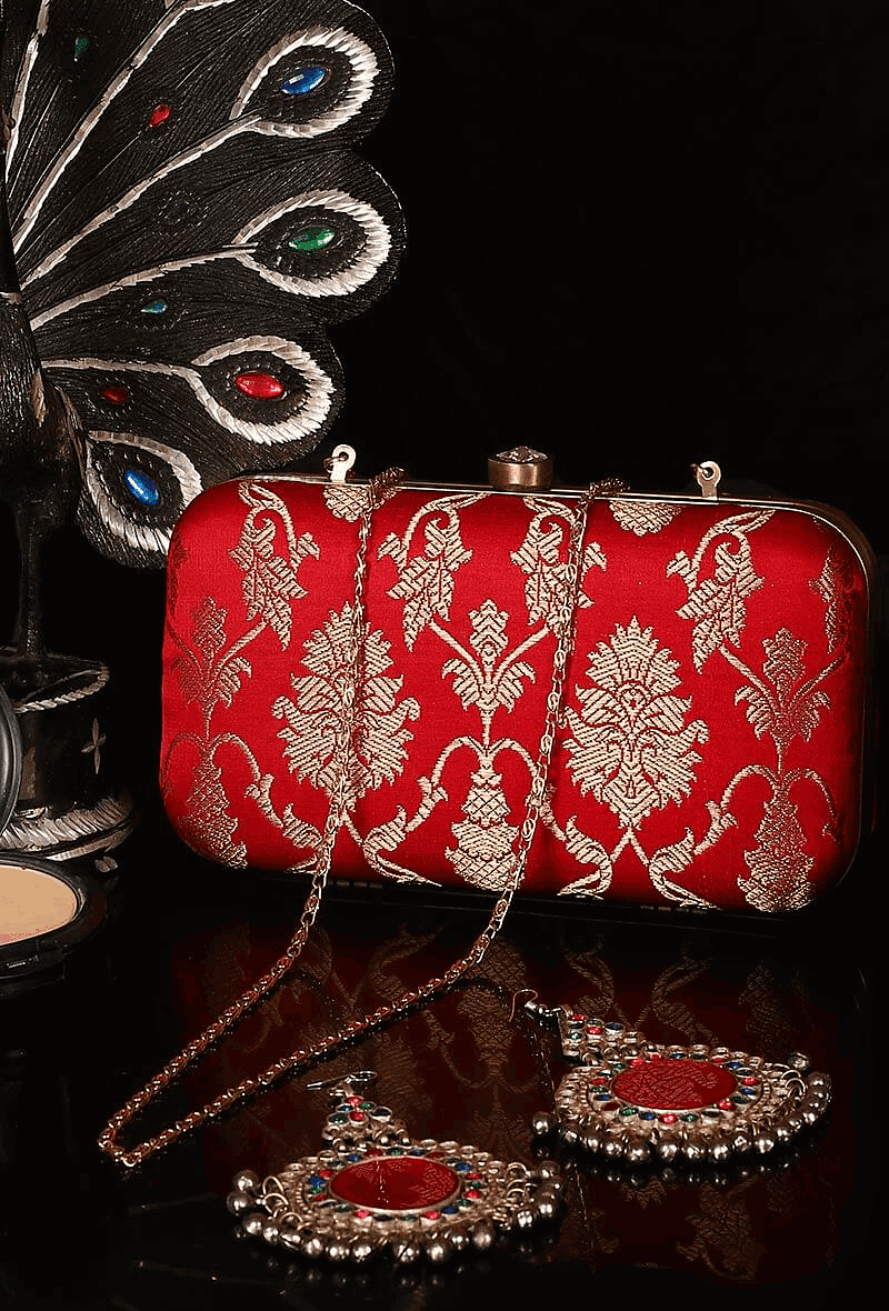 Paprika Red Brocade Box Clutch with Sling (8 X 2 X 4.5)