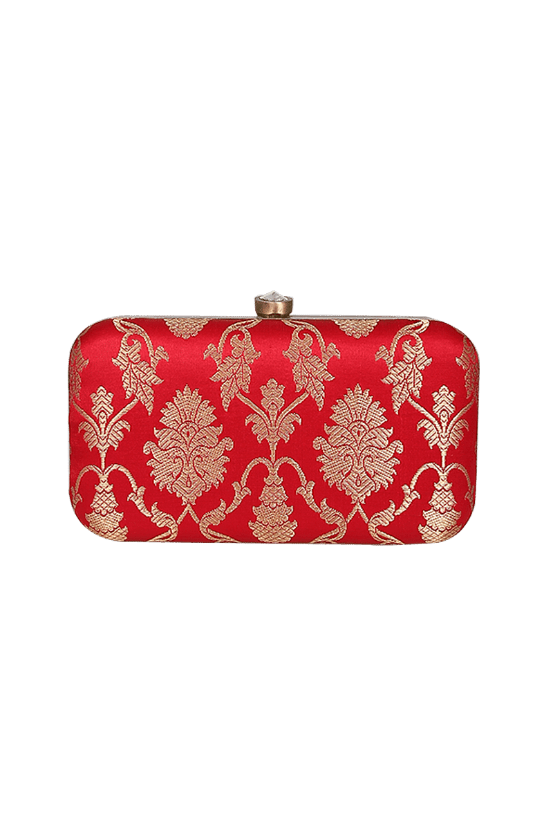 Paprika Red Brocade Box Clutch with Sling (8 X 2 X 4.5)