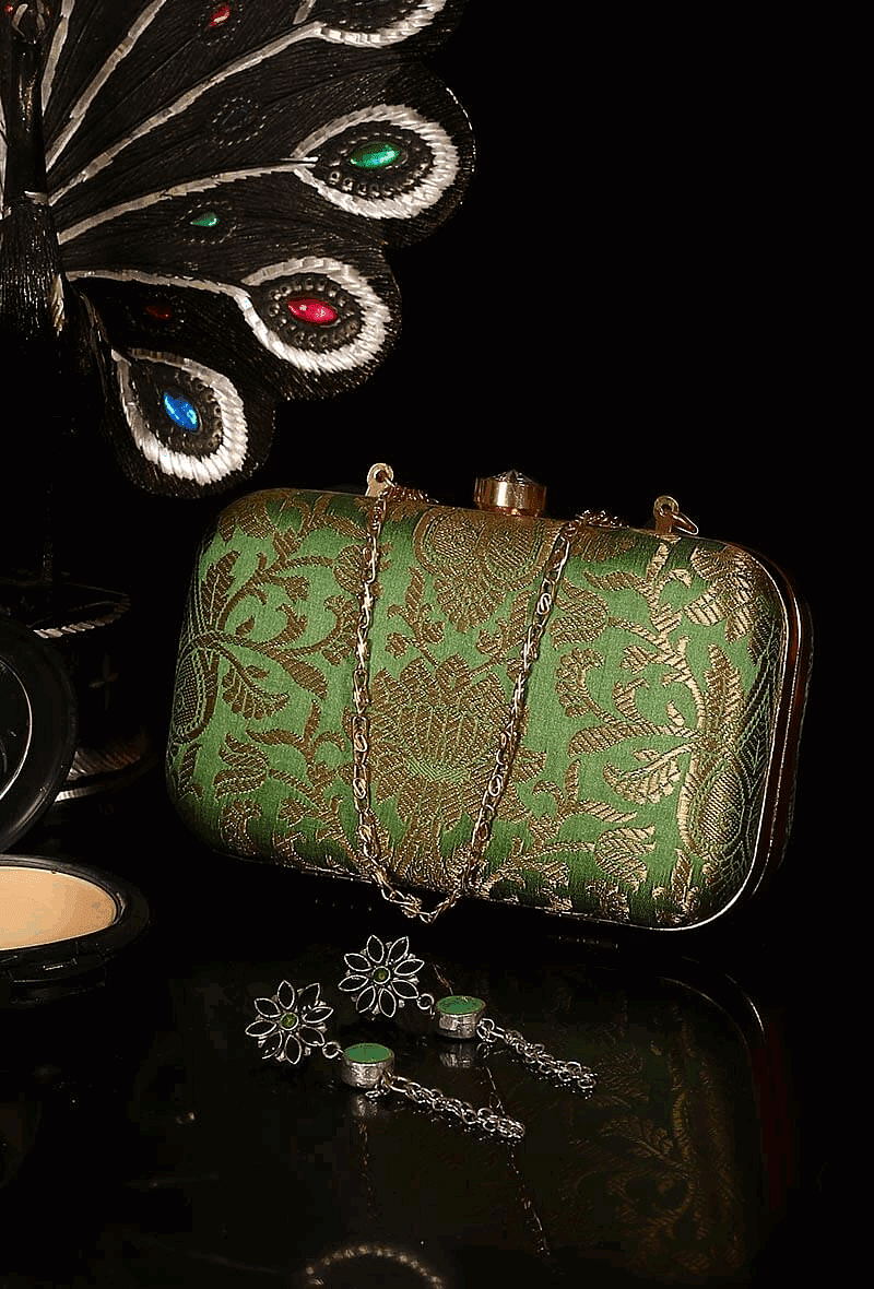 Parrot Green Brocade Box Clutch with Sling (8 X 2 X 4.5)