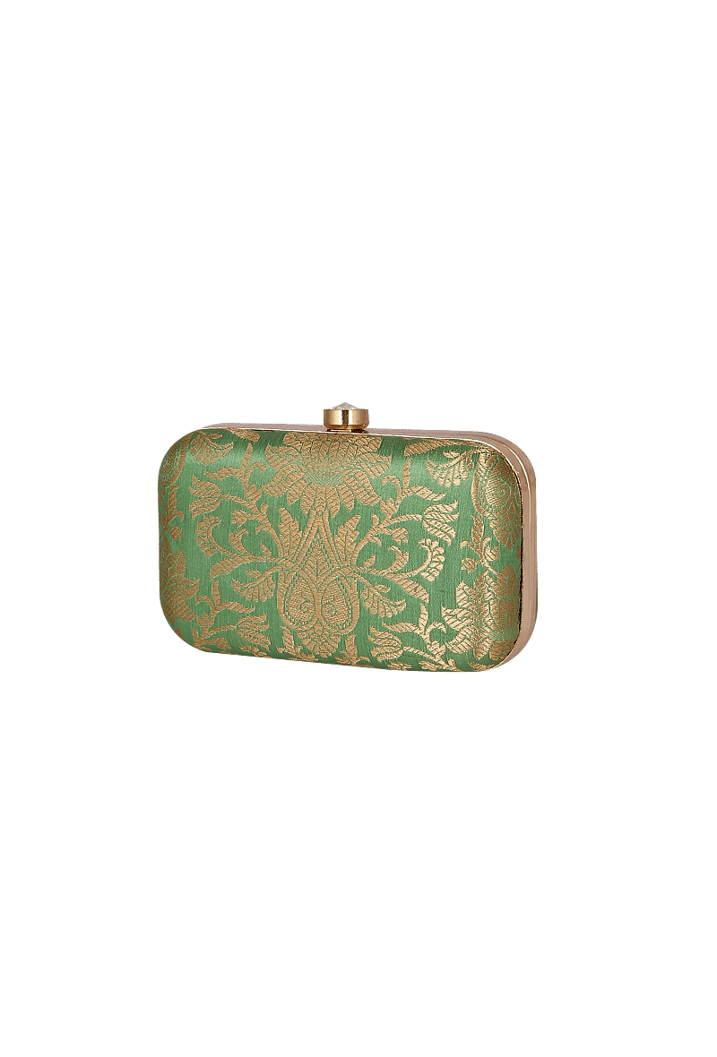 Parrot Green Brocade Box Clutch with Sling (8 X 2 X 4.5)