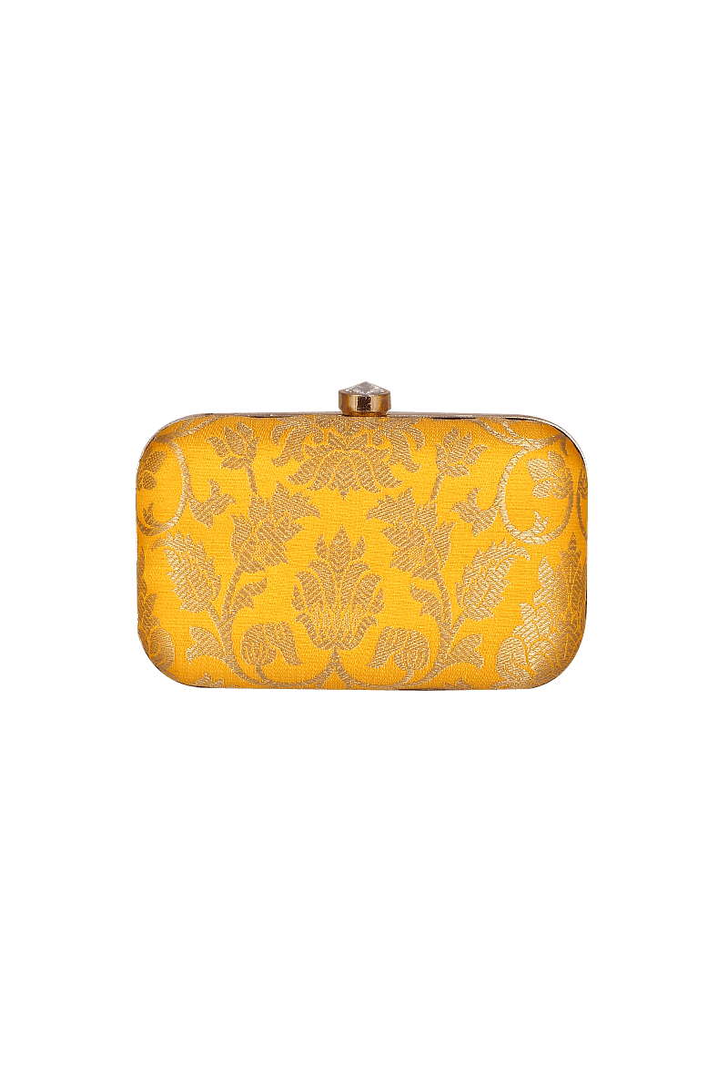 Sunflower Yellow Brocade Box Clutchwith Sling (8 X 2 X 4.5)