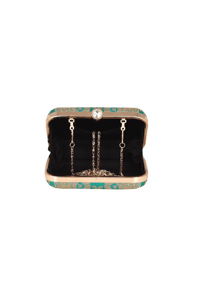 Forest Green Brocade Box Clutchwith Sling (8 X 2 X 4.5)