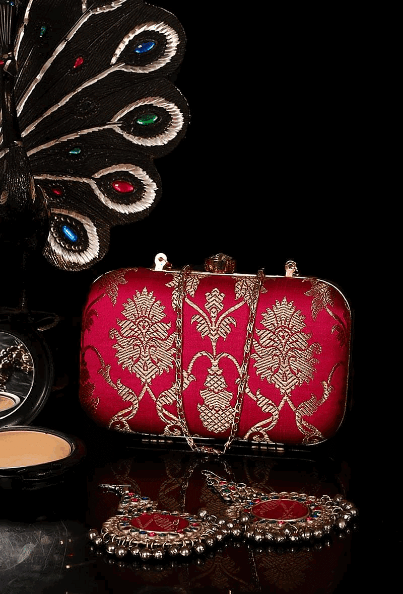 Rosy Red Brocade Box Clutchwith Sling (8 X 2 X 4.5)