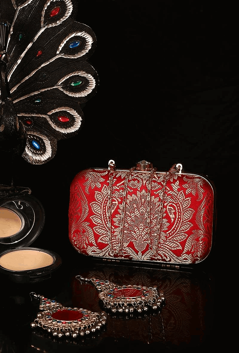 Cherry Red Brocade Box Clutch with Sling (8 X 2 X 4.5)