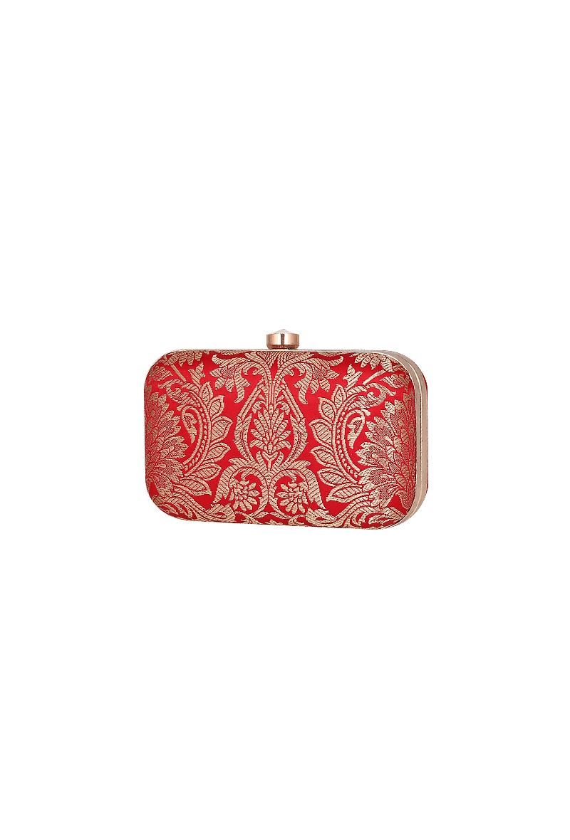 Cherry Red Brocade Box Clutch with Sling (8 X 2 X 4.5)