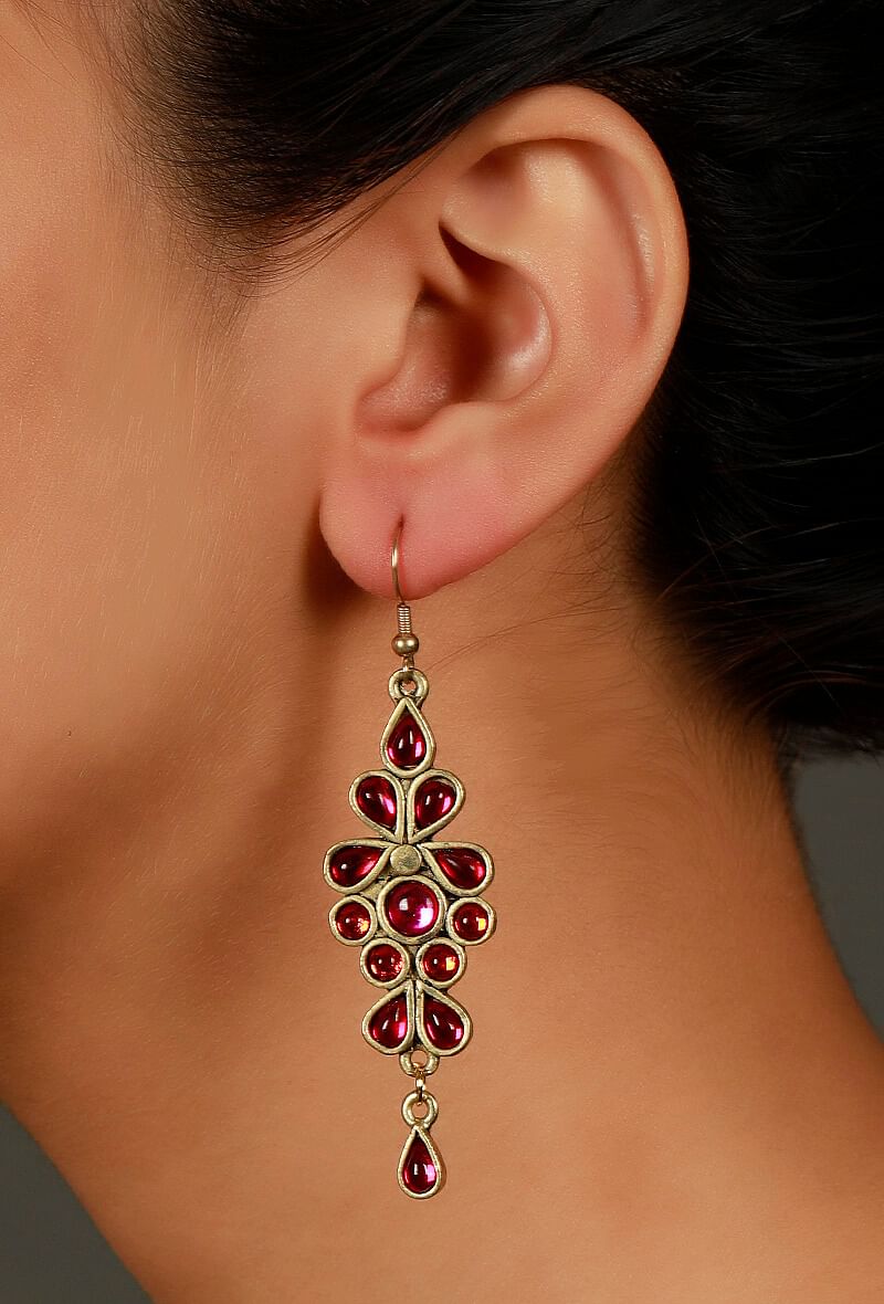 Pink-Red Afghan German Silver Earrings