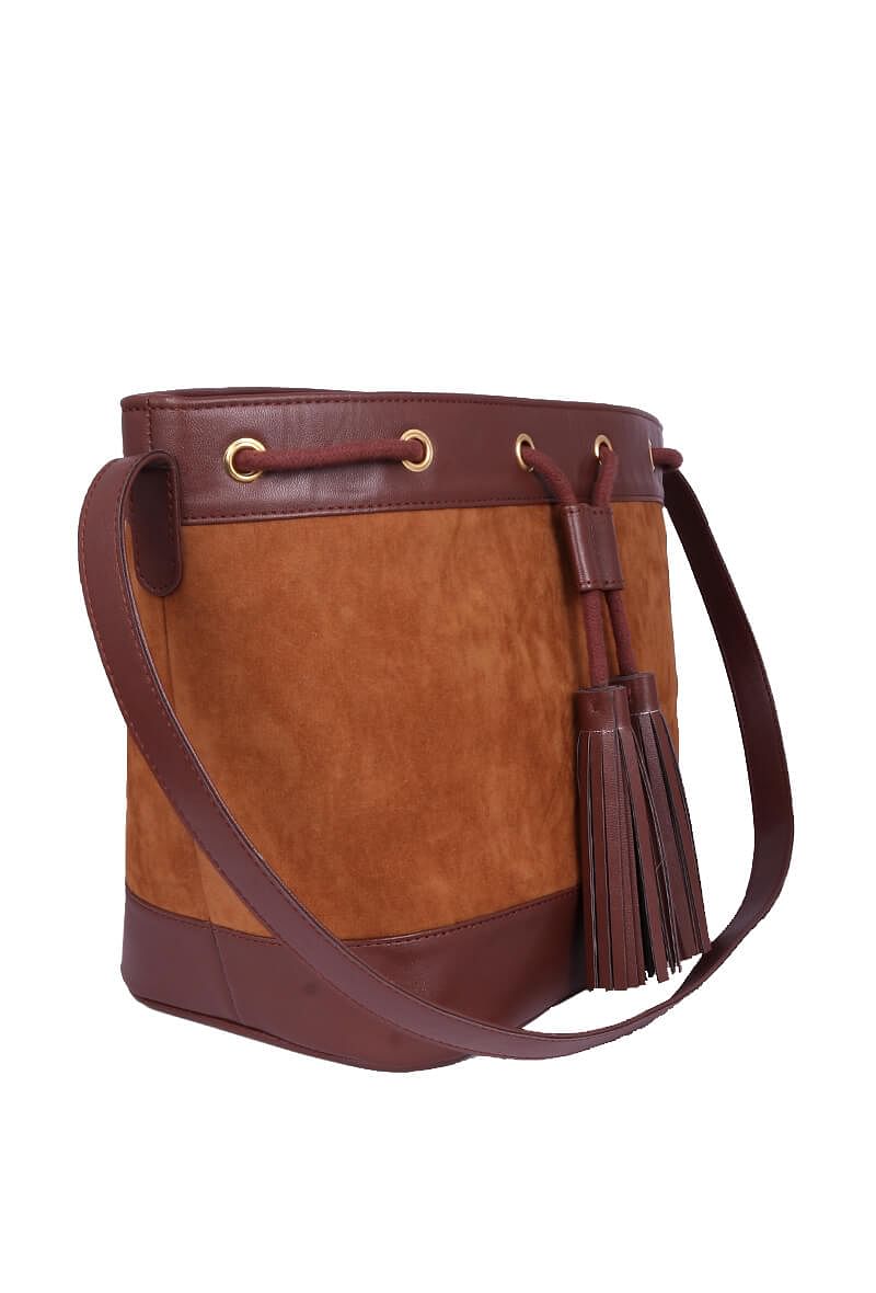 Brown Suede Bucket Bag (9.5"x14.7"x6.5")