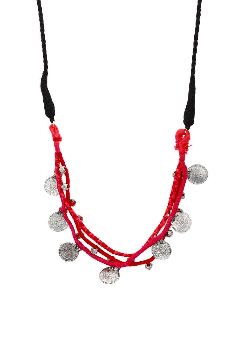 Red-Pink Threaded German Silver Necklace