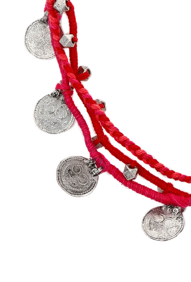 Red-Pink Threaded German Silver Necklace