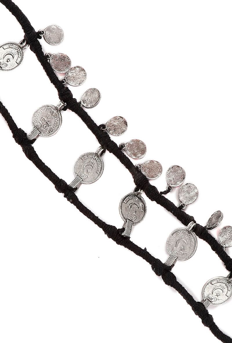 Set of 2: Black Threaded German Silver Anklet