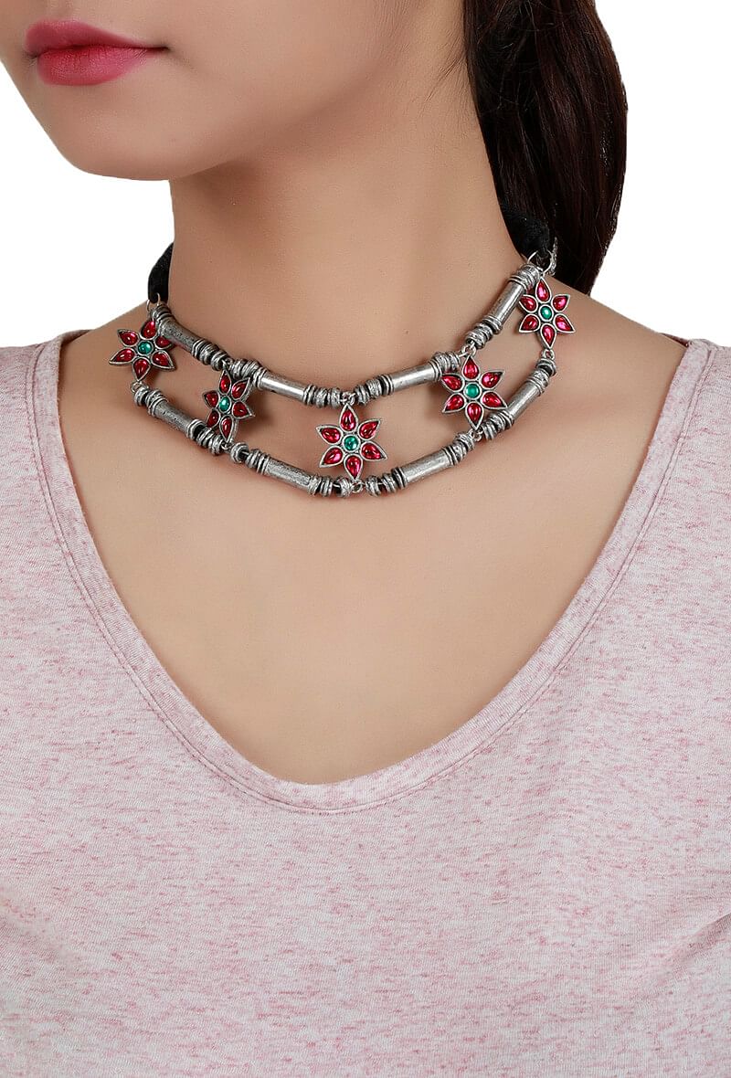 Ruby Red German Silver Afghan Necklace