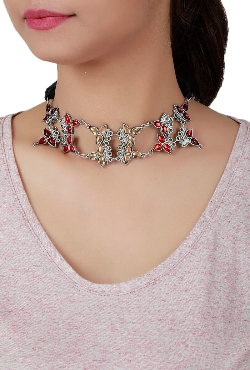 Red-Yellow Floral German Silver Necklace