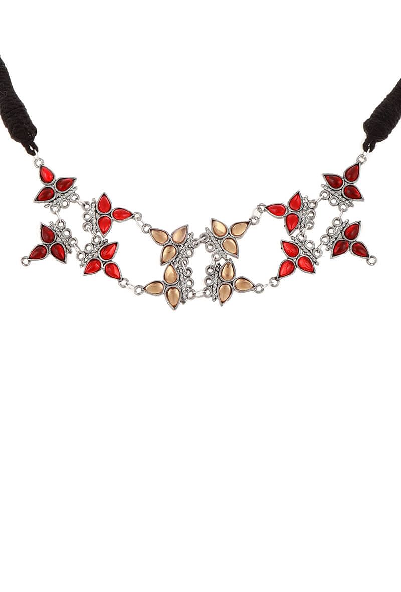 Red-Yellow Floral German Silver Necklace