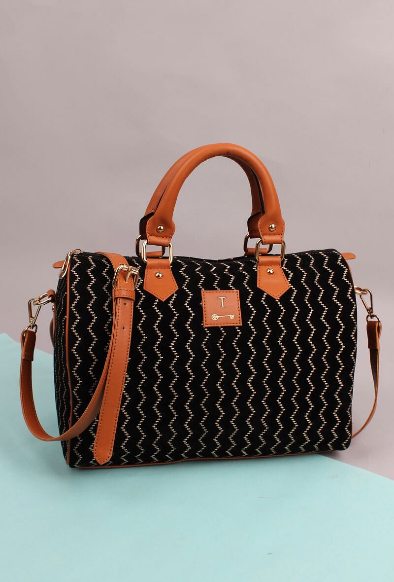 Black Kantha Embroidery Suede Handbag (13"x10"x6")