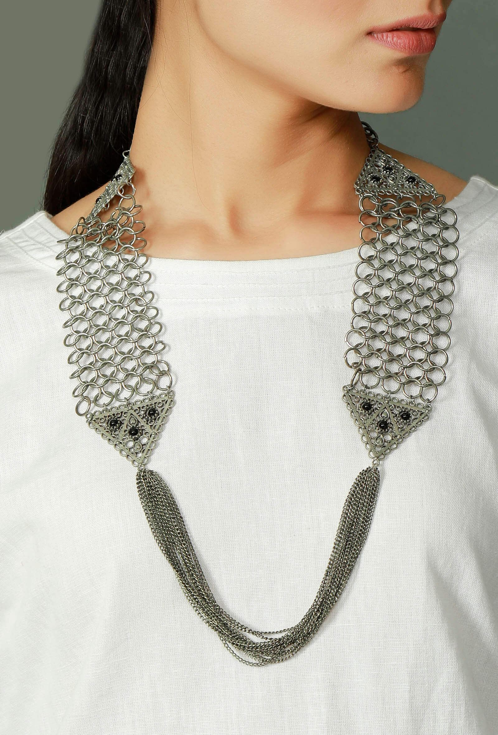 Chain Link Silver Plated Brass Tribal Necklace