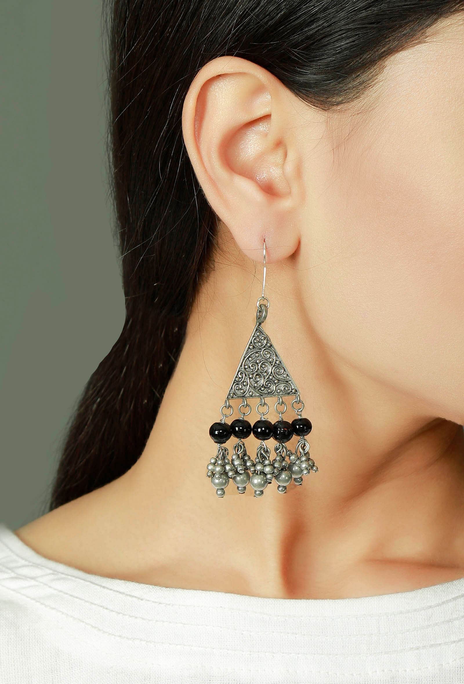 Silver Plated Brass Black Triangular Earrings